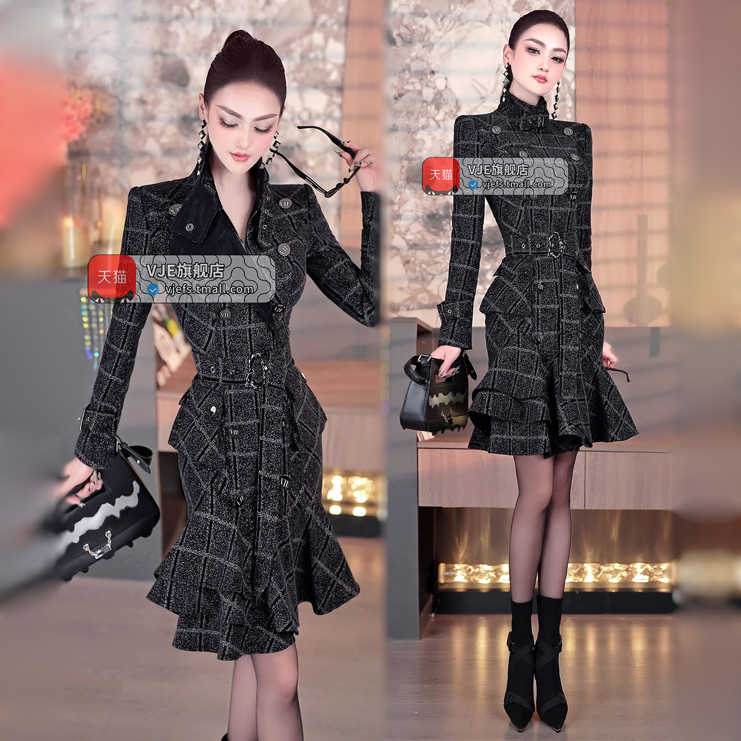 VJE秋冬定制格纹印花收腰裙2025新款设计感小众帅气风衣式连衣裙