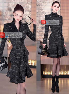 VJE秋冬定制格纹印花收腰裙2025新款设计感小众帅气风衣式连衣裙
