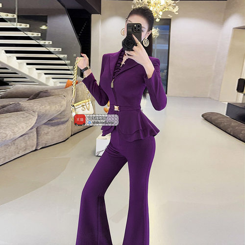 早秋九分袖西装外套喇叭裤两件套新款OL女人味洋气职业套装