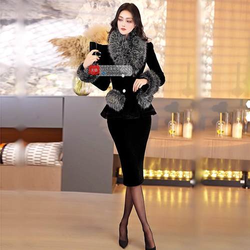 冬季毛领丝绒棉服套装新款一整套搭配上衣过膝包臀裙两件套