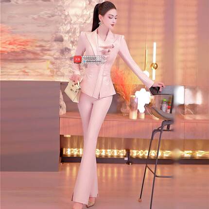 VJE春款花边领口西装微喇叭裤两件套2025春季名媛风气质减龄套装
