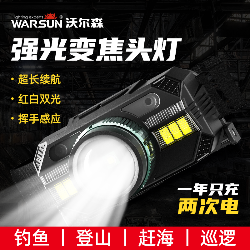 沃尔森WD09变焦感应头灯强光超亮夜钓鱼专用充电超长续航头戴式