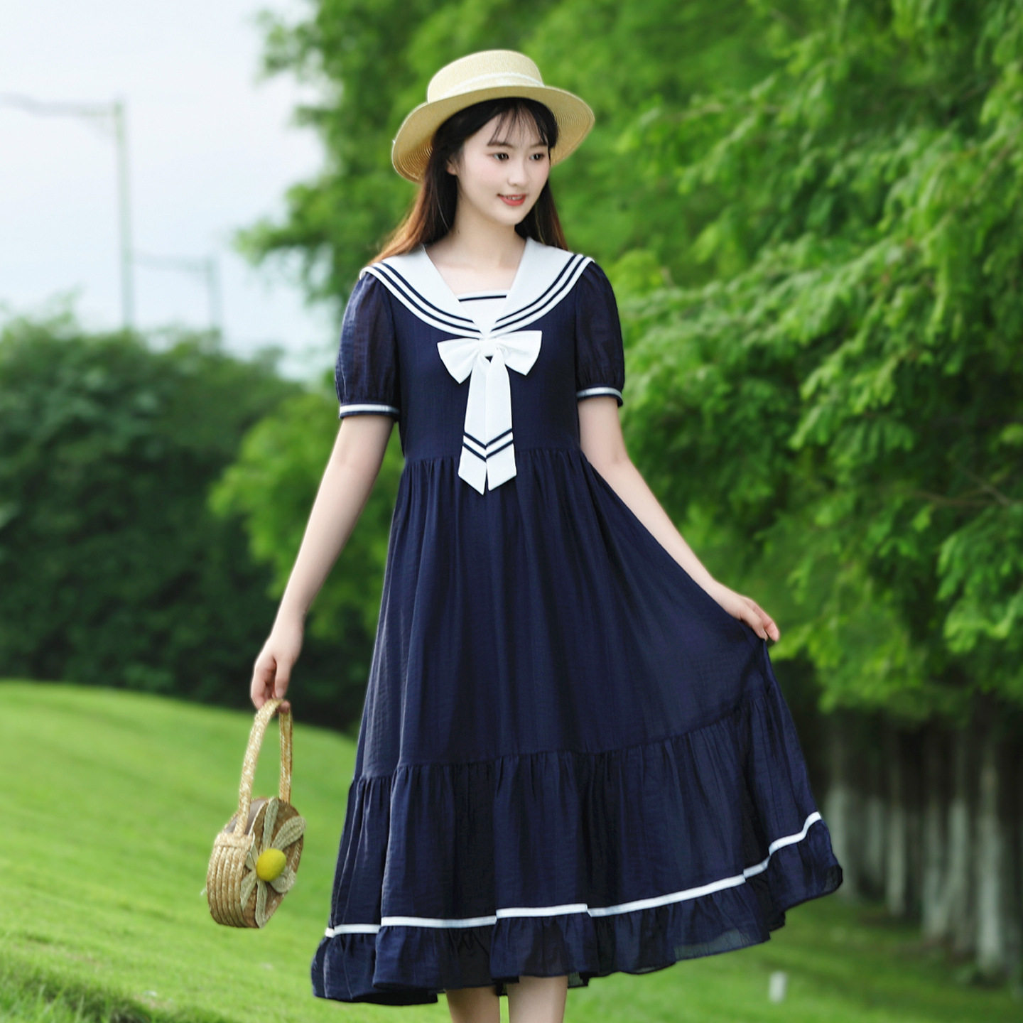 26夏季新款女童少女初高中女孩甜美学院风海军领连衣裙过膝长裙子