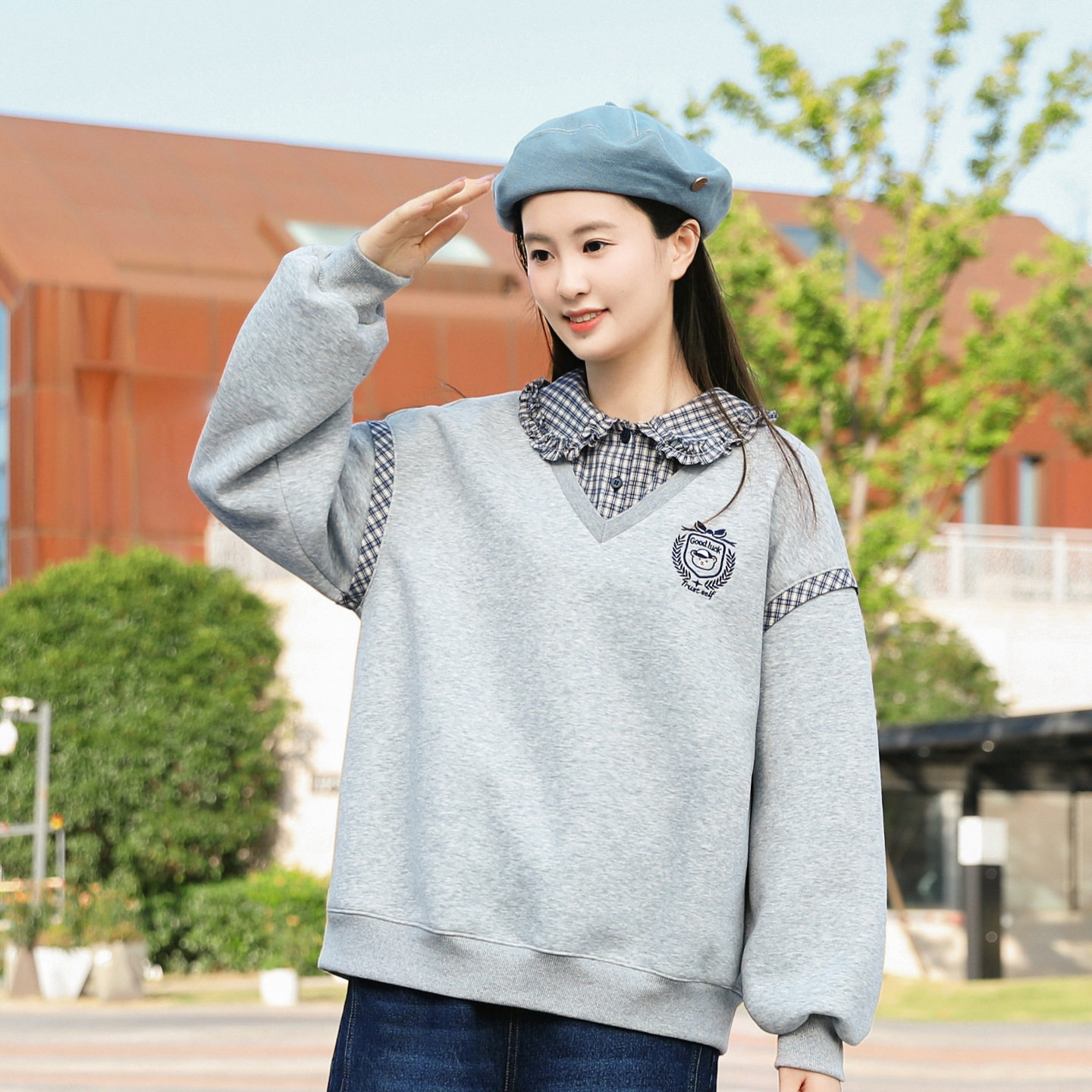 2026新款春秋装女童少女初高中生女孩学院风娃娃领假两件卫衣上衣