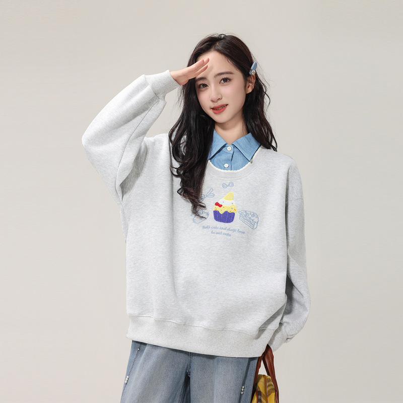 2025秋季新款女童少女初高中生女孩甜美学院风假两件衬衫领卫衣