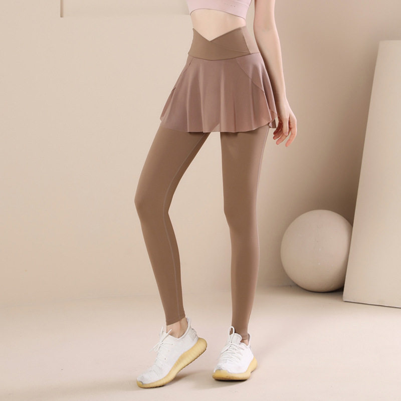 新款假两件瑜伽长裤女网纱拼接紧身运动长裤速干透气跑步健身裤