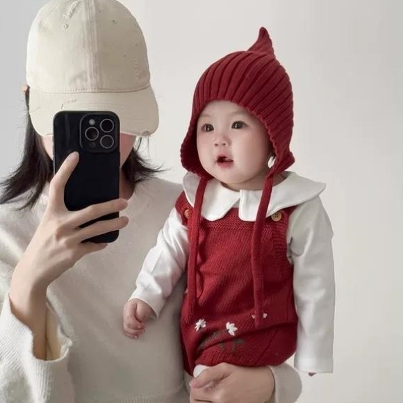 婴儿帽子秋冬款韩版洋气红色针织精灵帽冬季小月龄女童宝宝护耳帽