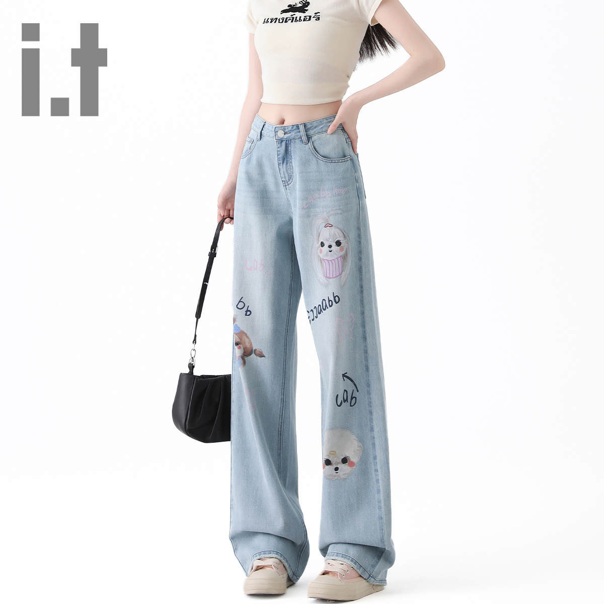 it ccaabb女式牛仔裤新款显瘦新款印花设计宽松高腰百搭阔腿裤子