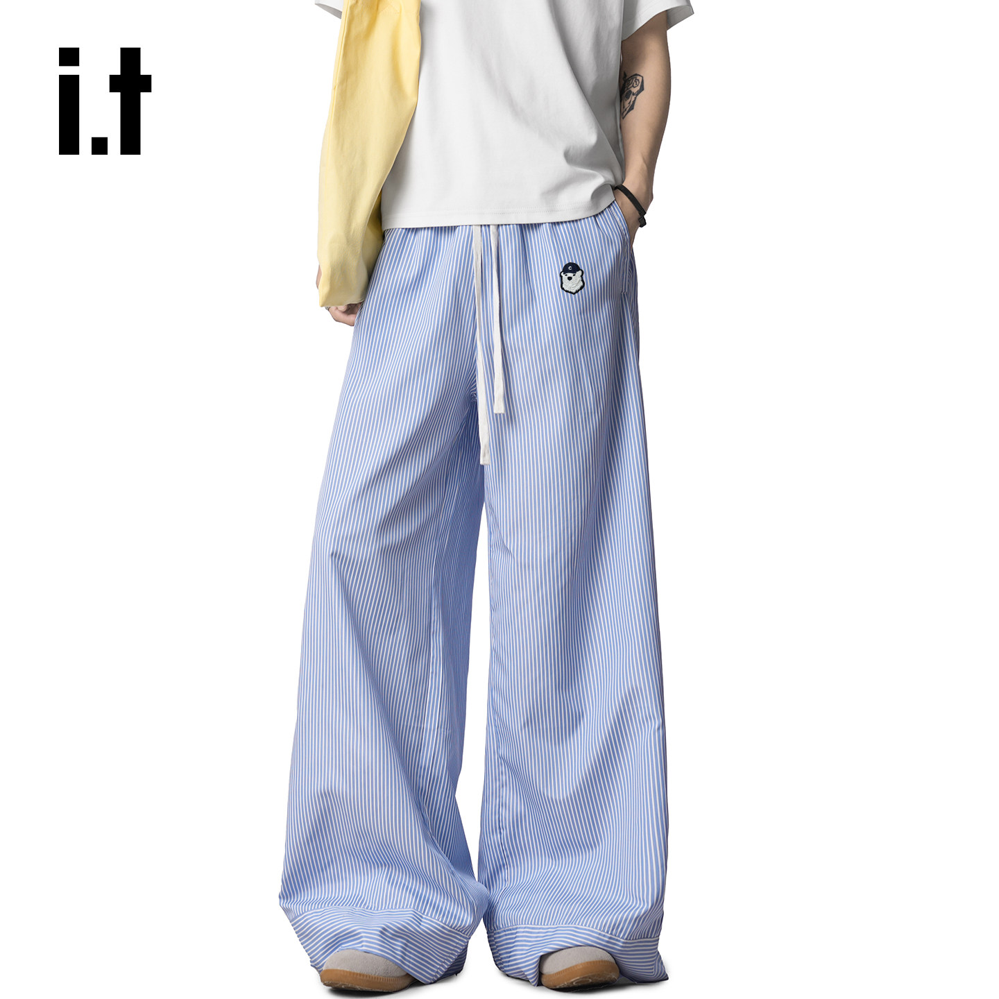 it:CHOCOOLATE 蓝白条纹休闲裤子男女秋季cleanfit风阔腿拖地长裤