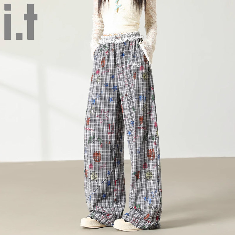 it:CHOCOOLATE 彩印花格子宽松垂感休闲裤女春秋涂鸦街头阔腿裤