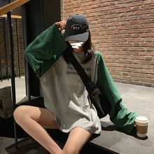 2021新款 早秋女装 网红撞色拼接字母上衣女复古港味印花休闲T恤潮