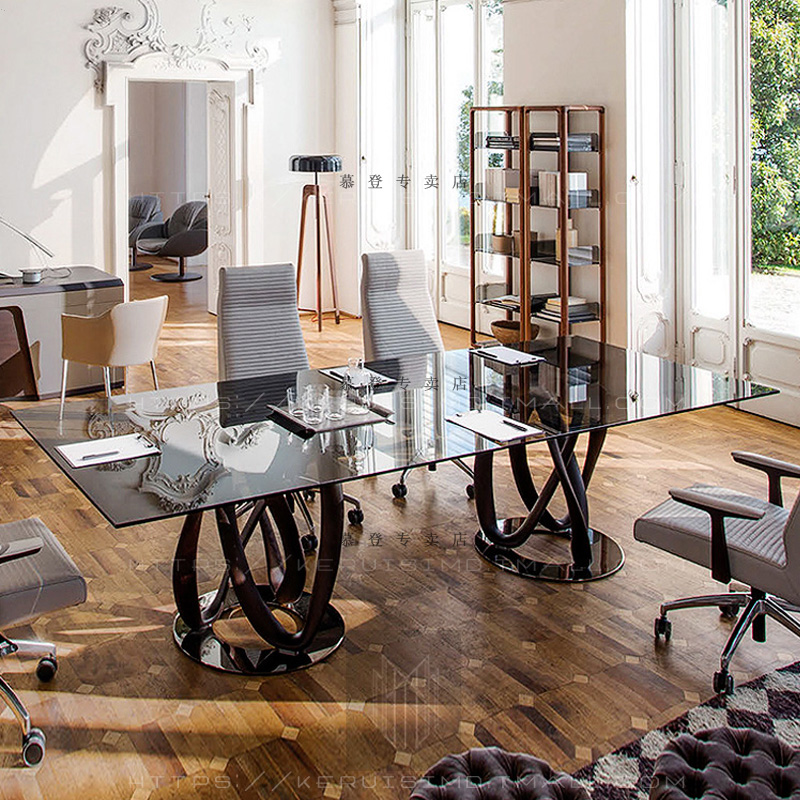 意式轻奢长方形工作台会议桌现代简约玻璃洽谈桌 12人会议桌商务