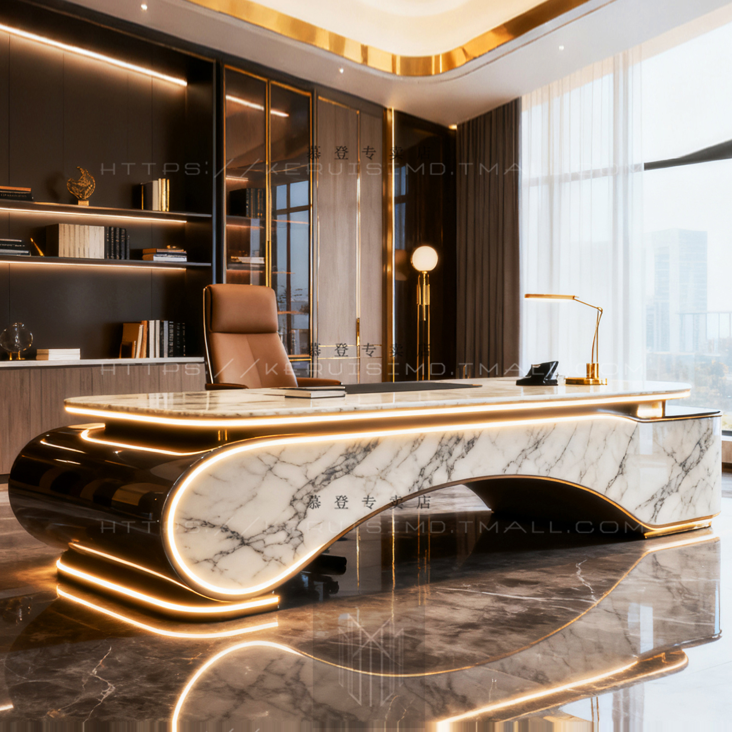 现代轻奢办公桌 大理石纹老板桌 亮光烤漆大班台 时尚办公桌 定制