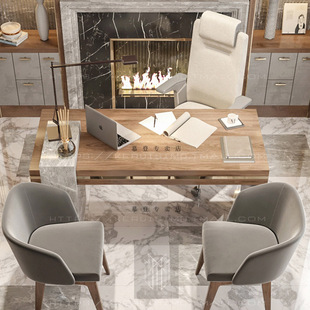 书桌轻奢现代实木 1米6办公桌 意大利大理石总裁桌老板桌岩板新款