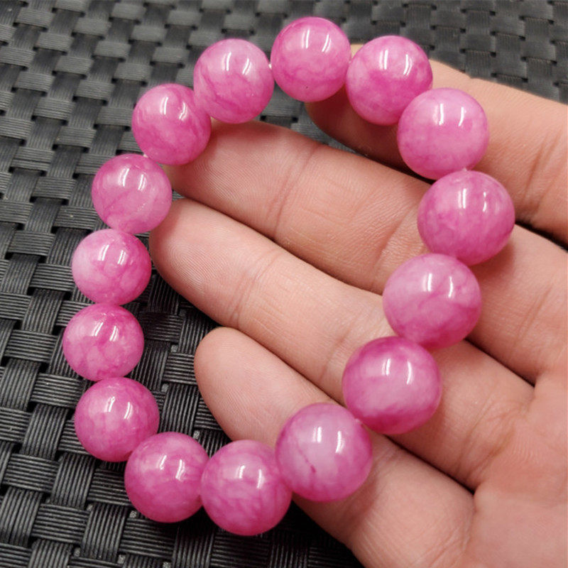 新款天然玉石粉色圆珠手链石英岩玉手链12毫米圆珠手链玉手串