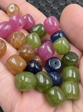 玉石散珠冰种石英岩玉桶珠散珠墨绿色路路通散珠粉色桶珠手链配件