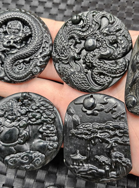 新疆和田墨绿玉观音玉石挂件蛇纹石玉龙凤山水吊坠玉牌子项链坠