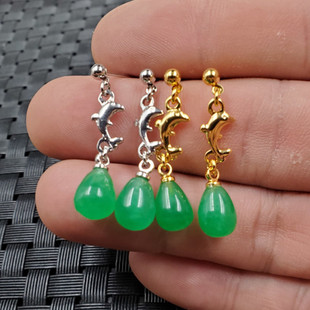 祥和珠宝玉石耳环碧绿色水滴耳环石英岩玉水滴耳环玉耳坠耳饰耳钉