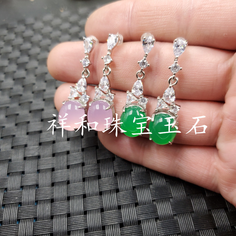 玉石耳环冰种粉玉髓蛋面耳环碧绿色玉髓玛瑙耳环玉石耳钉玉耳坠
