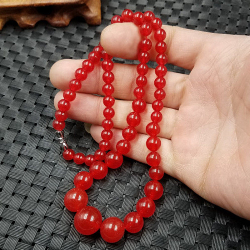 新款精美天然玉石樱桃红圆珠项链石英岩玉项链玉石项链 珠链