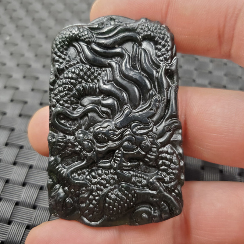 玉石挂件新疆和田墨玉生肖龙挂件墨绿蛇纹石玉大龙挂件玉龙牌吊坠