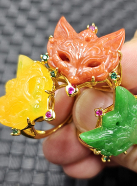 优化翡翠玉干青狐狸头玉石戒指