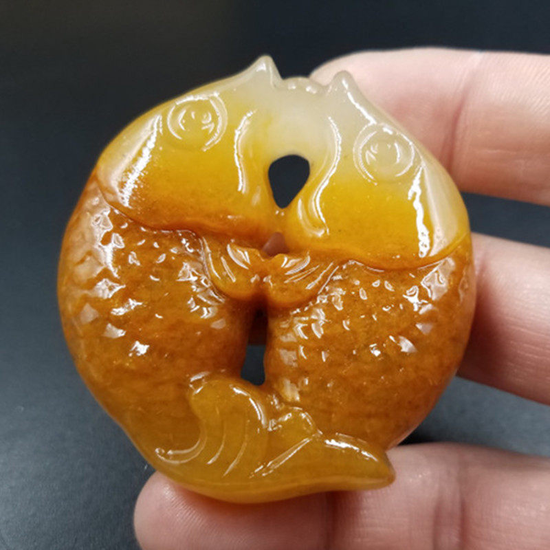 天然玉石a货黄龙玉双鱼挂件双面雕刻黄龙玉连年有余吊坠可做车挂