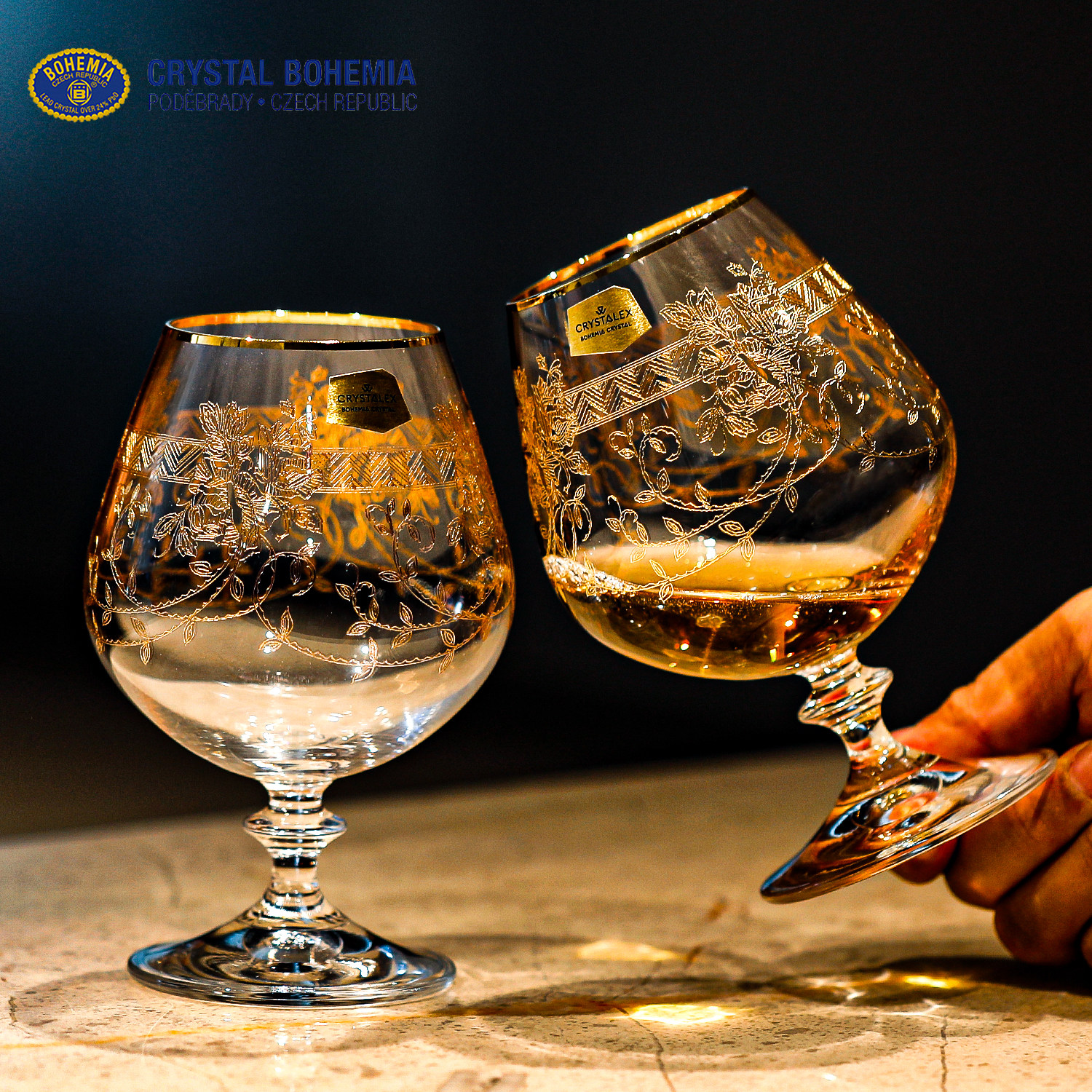 捷克进口水晶玻璃高颜值白兰地干邑杯高档描金家用酒吧高端洋酒杯