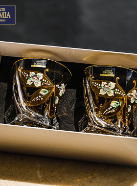捷克进口BOHEMAI手工描金珐琅高档威士忌酒杯洋酒啤酒杯子2只礼盒