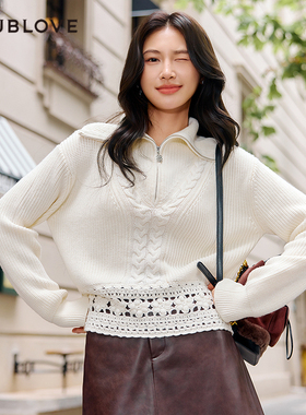 【温暖感针织】大翻领毛衣钩花镂空含羊毛DOUBLOVE贝爱2025冬新款