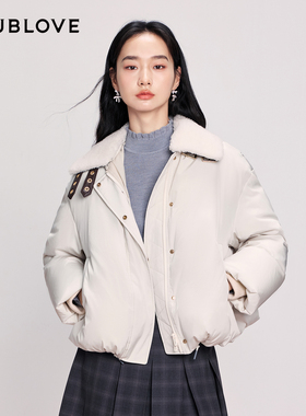 DOUBLOVE贝爱三醋酸白鸭绒机车风羽绒服绵羊皮革短款高领25冬新