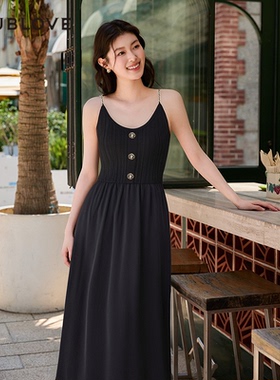 贝爱小黑裙针织拼接吊带连衣裙长裙doublove新款裙子长款气质