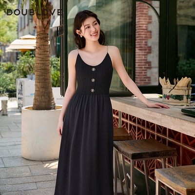贝爱小黑裙针织拼接吊带连衣裙长裙doublove新款裙子长款气质