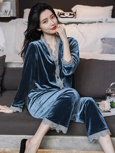 2024新款金丝绒睡衣女性感纯色蕾丝开衫秋冬季长袖家居服两件套