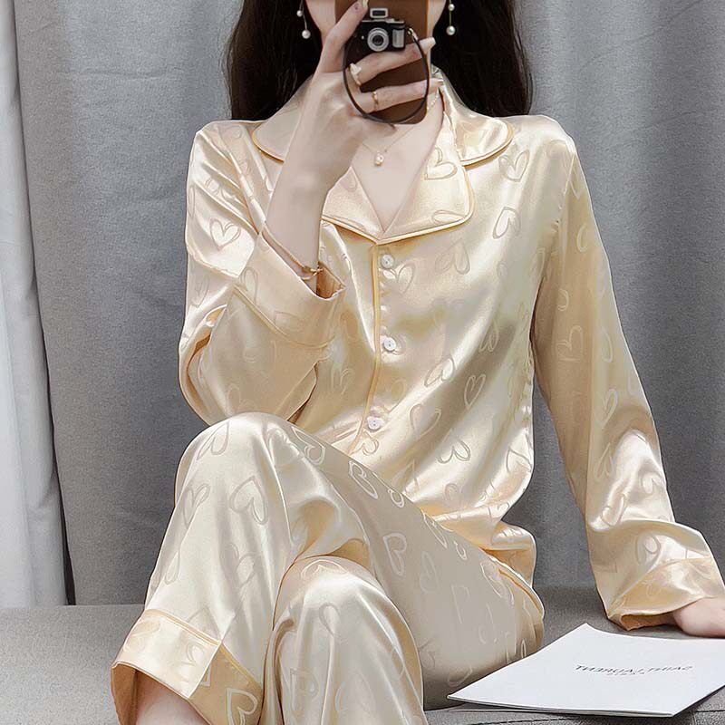 真丝睡衣女夏季2024年新款长袖长裤春秋薄款香槟色衬衫家居服套装