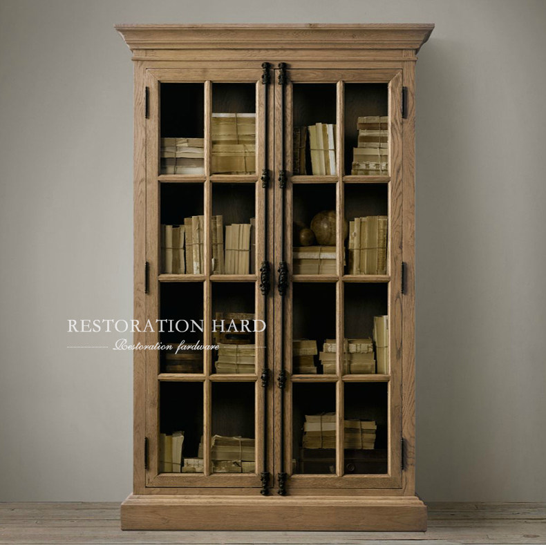 出口法国实木家具 美式双门书柜橱柜复古天地 陈列边柜纯原木书架