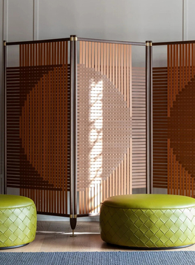 德加定制意大利马鞍皮折屏手工编Ploe不锈钢设计师座屏可移动屏风