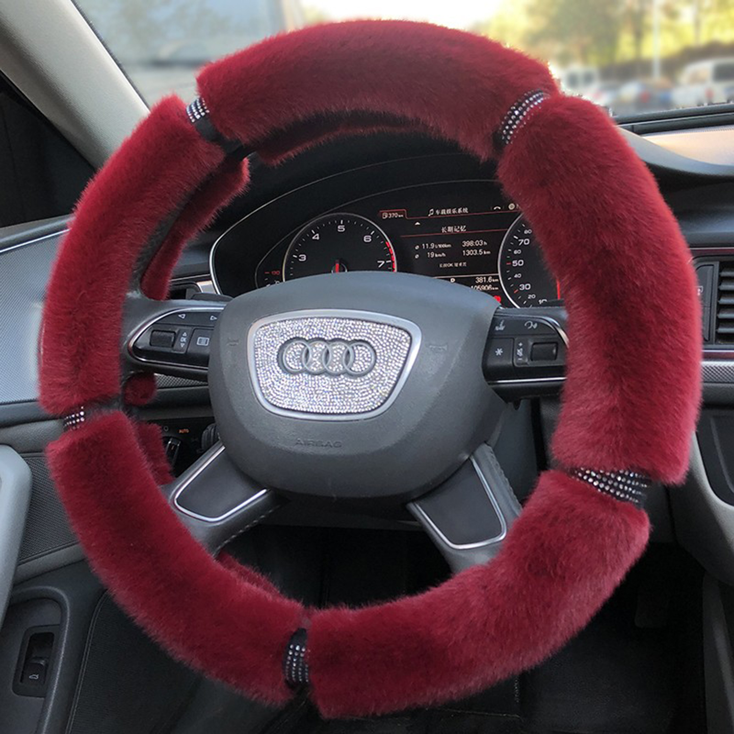 汽车方向盘套女韩国可爱短毛绒冬季保暖烫钻防滑不掉毛通用型把套