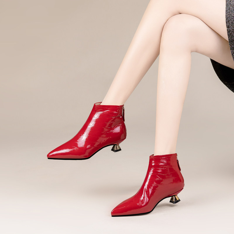 秋冬季新款真皮尖头红色低跟短靴加绒瘦瘦靴短筒及踝靴加绒女靴子,女鞋,时装靴,淘宝优惠券,粉丝福利购,淘宝优惠卷