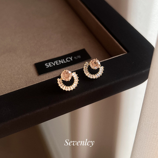 七与 高品贵气爆闪玫瑰冰切闪钻耳钉925银针 落日香槟
