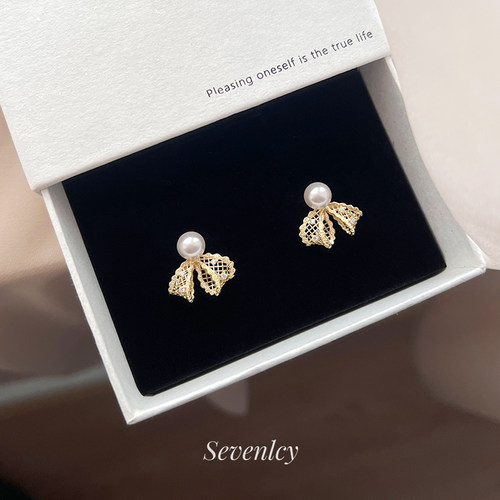 新品【蕾丝珍珠】绝美精工~925银针轻奢蝴蝶结耳钉耳环耳夹女
