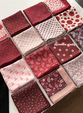 复古高级感红色波点印花小方巾女春夏薄款透气时尚百搭装饰包头巾