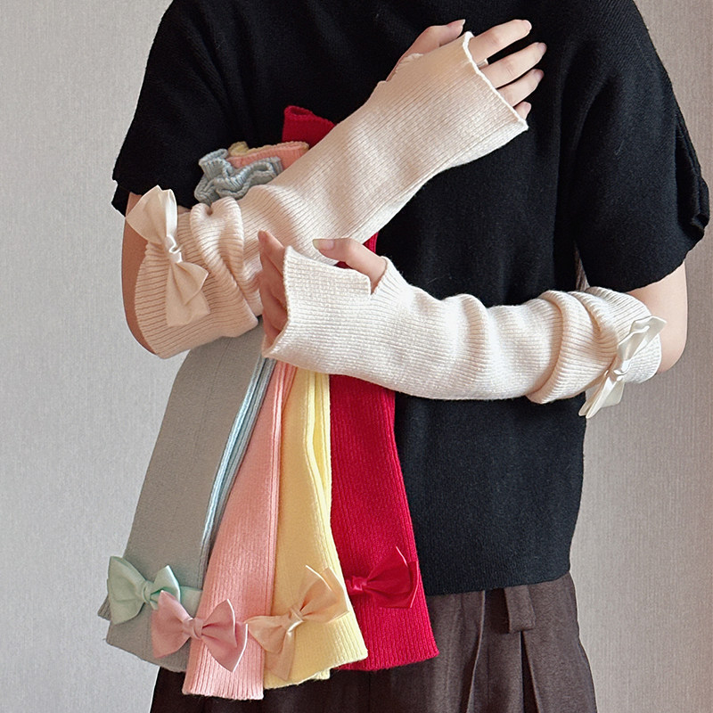 韩版纯色可爱少女蝴蝶结针织ins洛丽塔手套毛线保暖半指袖套腿套