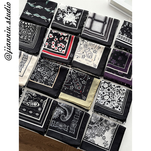 法式复古黑白腰果花小方巾丝巾女春夏新款气质百搭高级感头巾发带