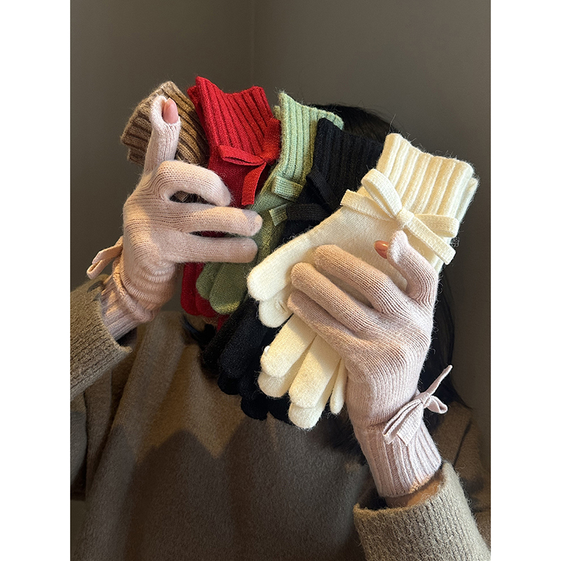 蝴蝶结针织帽手套可触屏防寒保暖