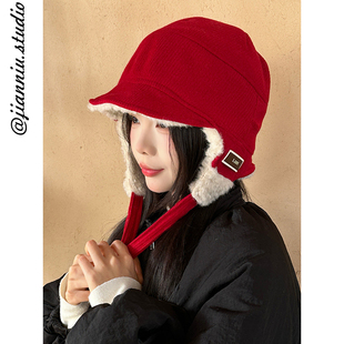 韩系红色针织护耳帽女冬季户外骑车防风防寒雷锋帽显脸小飞行帽子