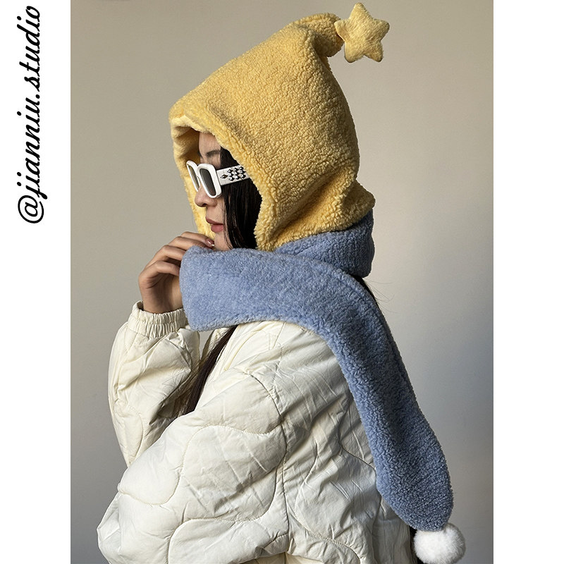 黄蓝星星针织毛线帽子围巾一体女冬可爱巴拉克拉法帽保暖连帽围脖