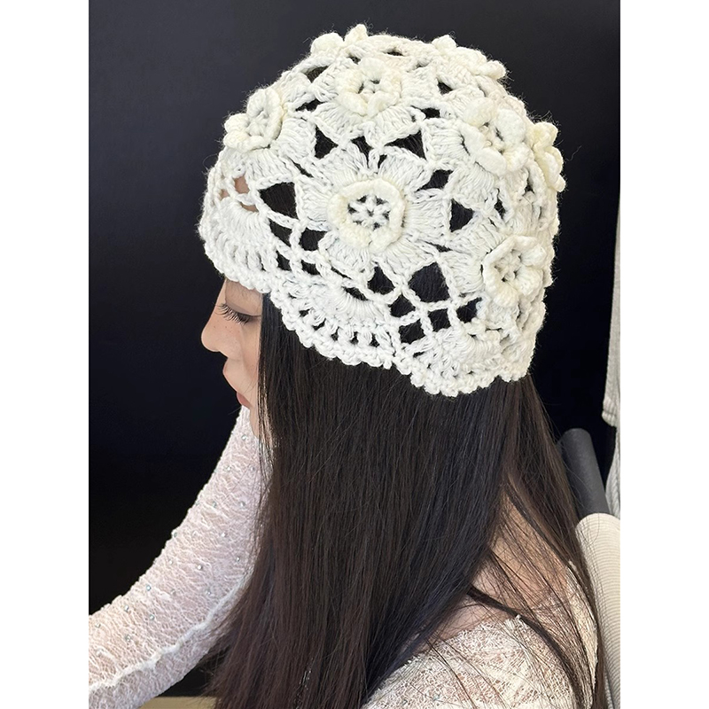 女夏针织镂空钩花包头帽薄款透气