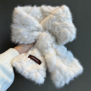 韩版ins高级感仿兔毛交叉毛绒围脖女冬季百搭加厚保暖护颈围巾潮