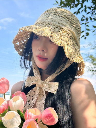沙滩海边女夏季蕾丝绑带草帽遮阳